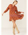 Angie Women's Floral Lace Trim Long Sleeve Mini Dress, Brown, hi-res