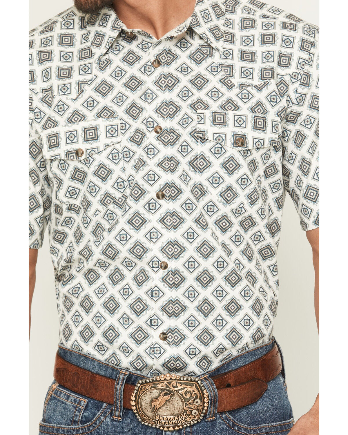 Image #3 - Gibson Trading Co Men's Time Warp Medallion Print Short Sleeve Snap Western Shirt - Big, Ivory, hi-res