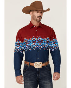 Panhandle Men's Navy & Red Southwestern Rider Border Print Long Sleeve Snap Western Shirt , Navy, hi-res
