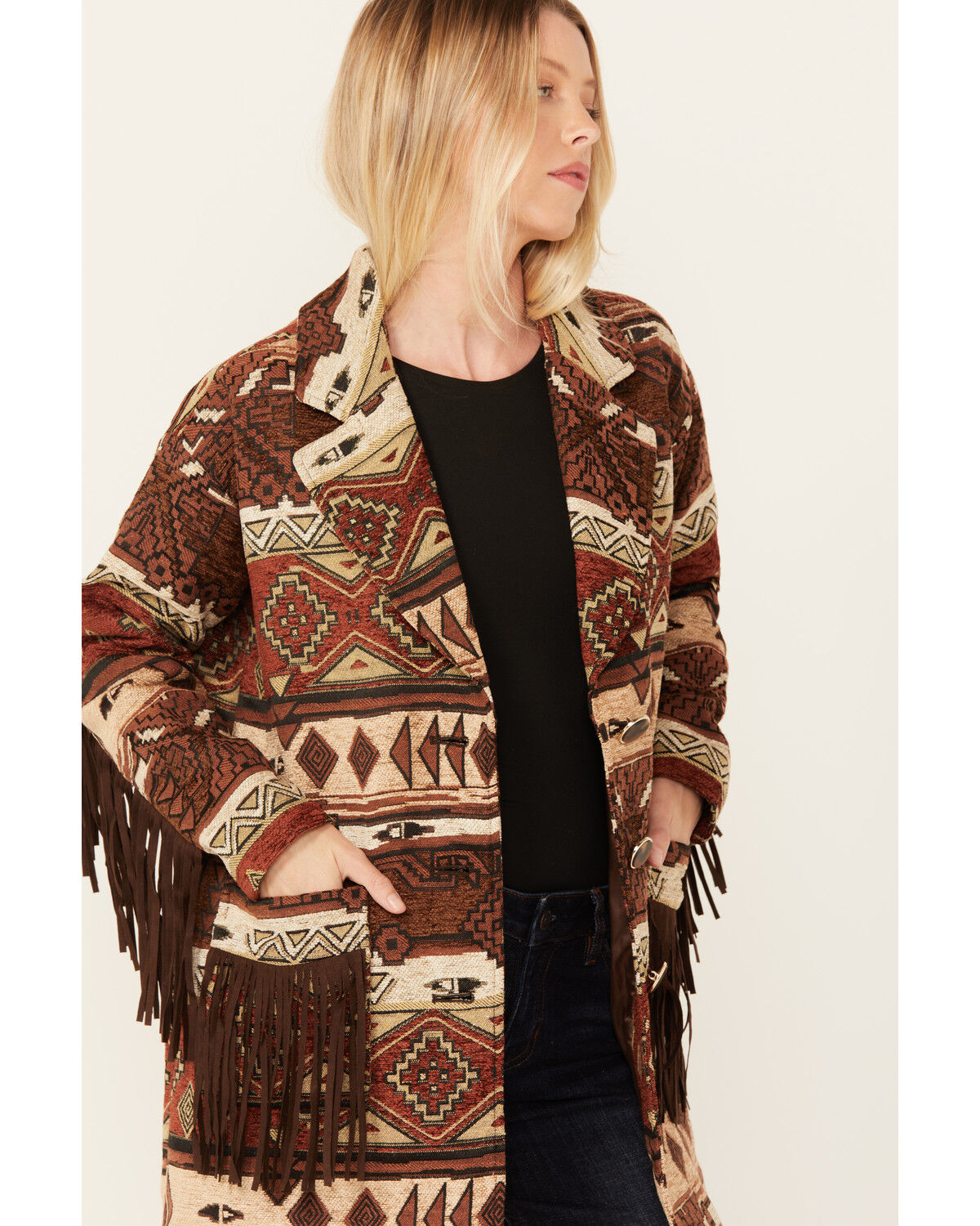 Image #2 - Shyanne Women's Tribal Tapestry Fringe Coat, Medium Brown, hi-res