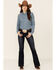Amarillo Women's Oxford Horse Print Long Sleeve Pearl Snap Western Shirt , Blue, hi-res