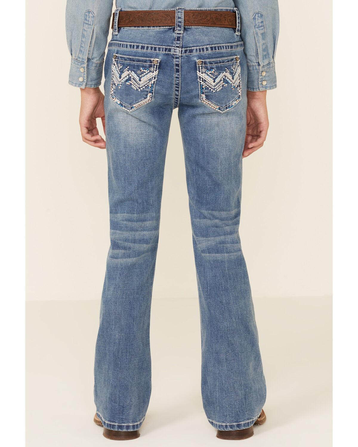 Image #4 - Shyanne Little Girls' Medium Wash Chevron Stitch Pocket Bootcut Jeans, Blue, hi-res