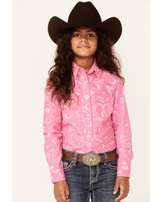 Panhandle Girls' Pink Celestrial Print Long Sleeve Snap Western Shirt , Hot Pink, hi-res