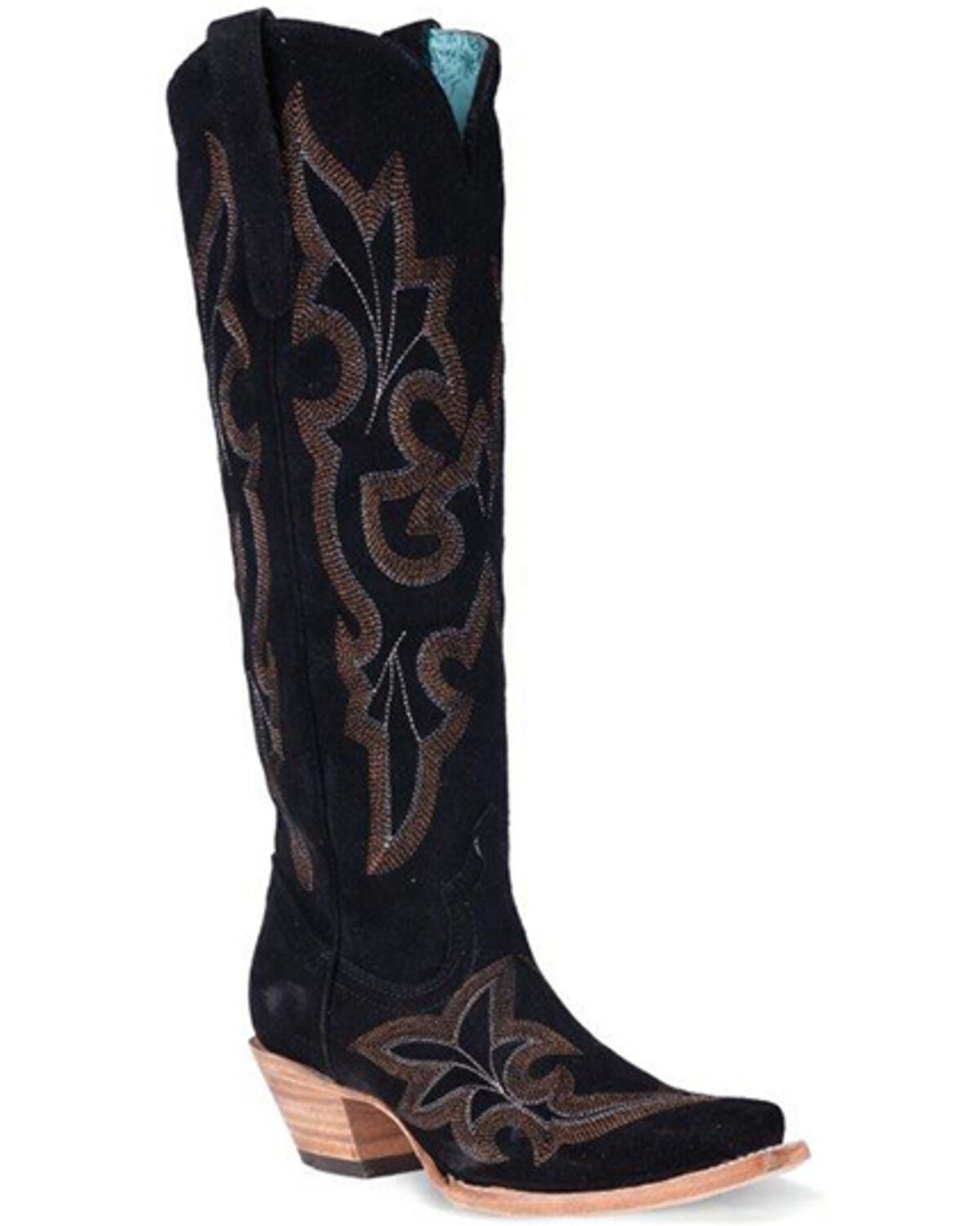 Corral Women's Suede Embroidered Tall Western Boots - Snip Toe, Black, hi-res