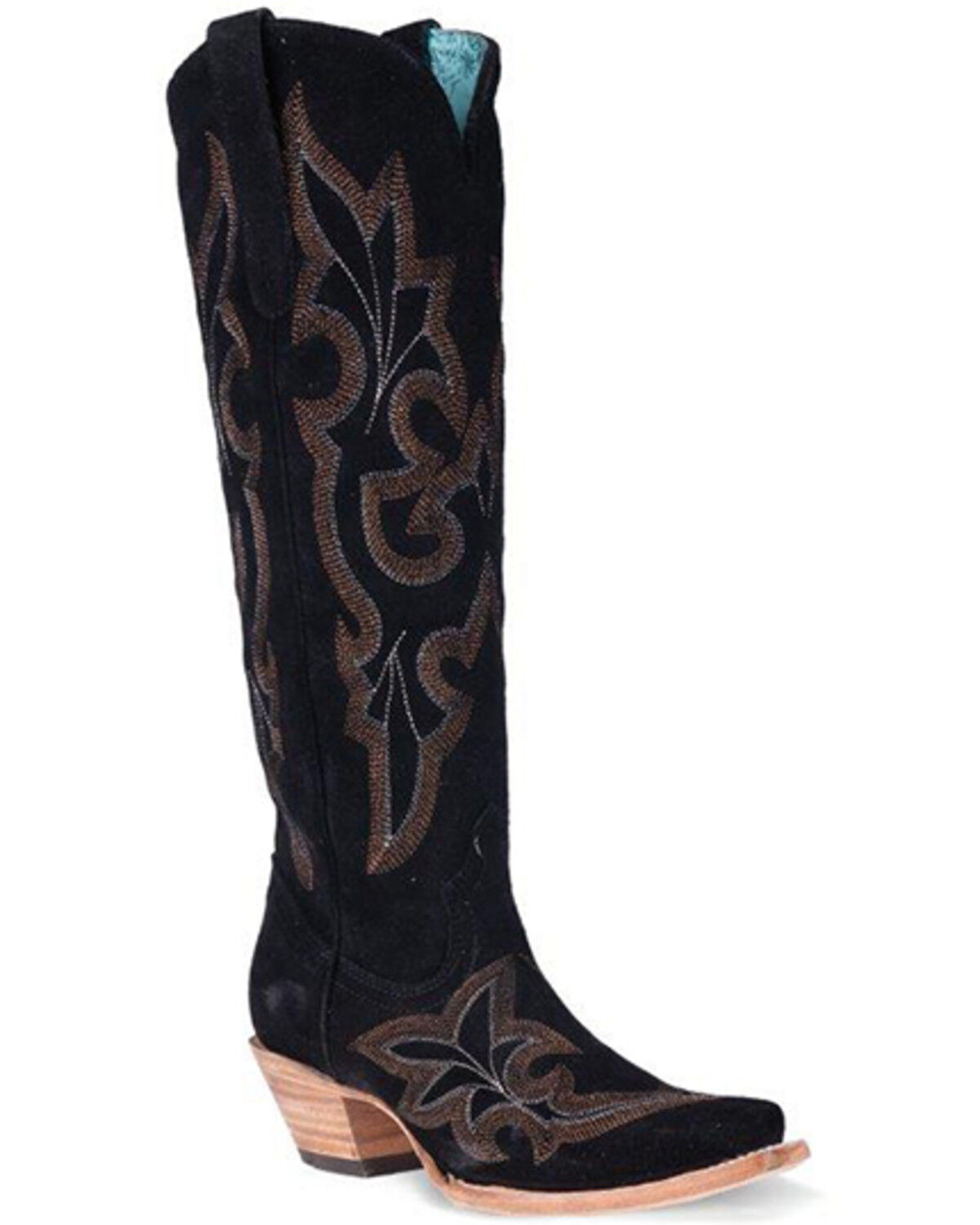Image #1 - Corral Women's Suede Embroidered Tall Western Boots - Snip Toe, Black, hi-res