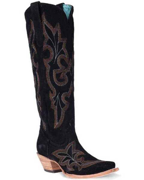 Image #1 - Corral Women's Suede Embroidered Tall Western Boots - Snip Toe , Black, hi-res
