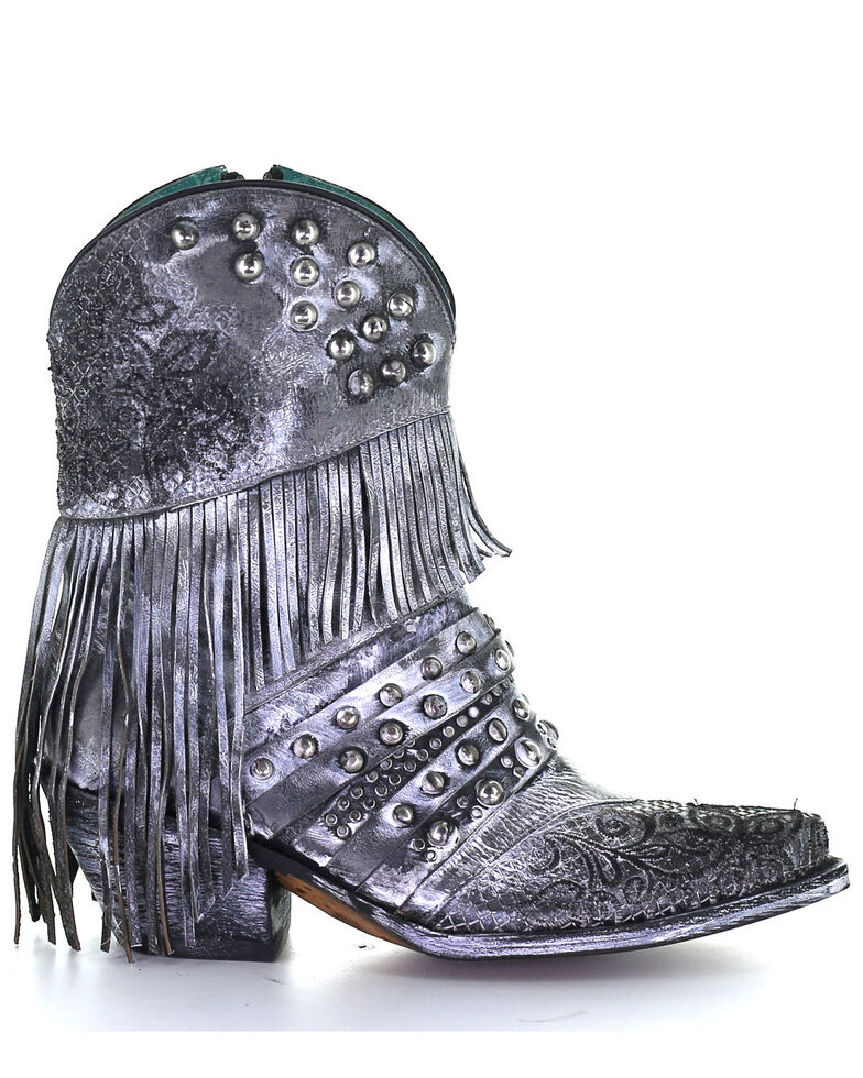 Corral Women's Grey Embroidery & Fringe Western Boots - Round Toe, Black, hi-res