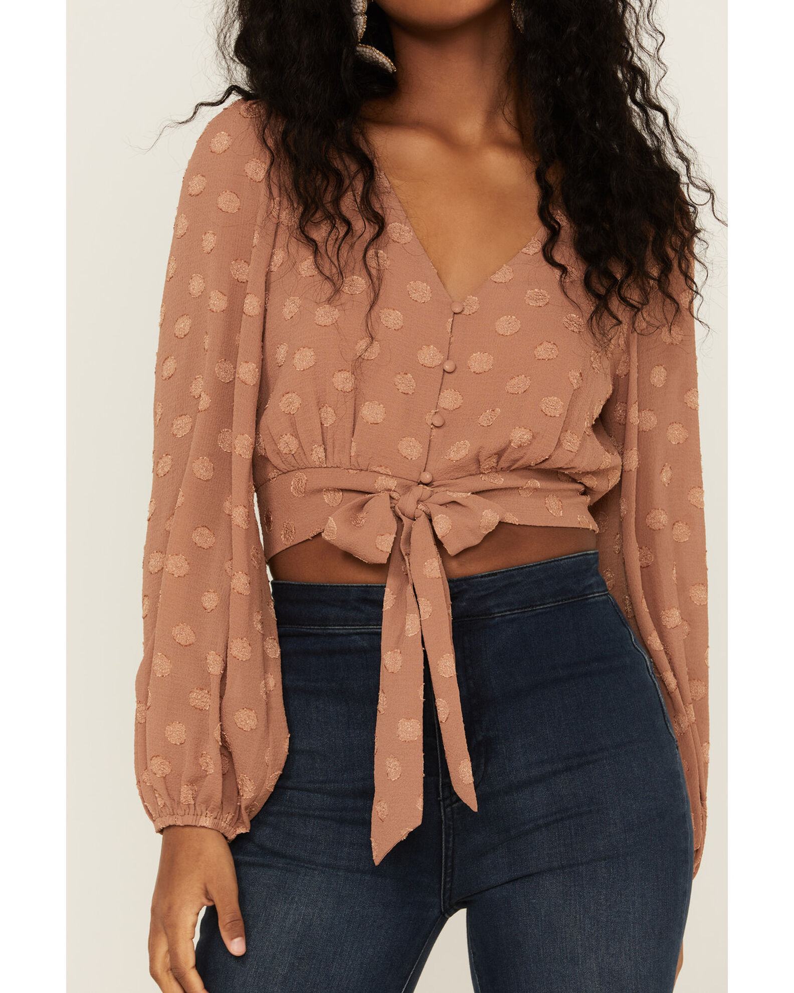 Product Name: Lush Women's Tie Front Textured Dot Long Sleeve Blouse