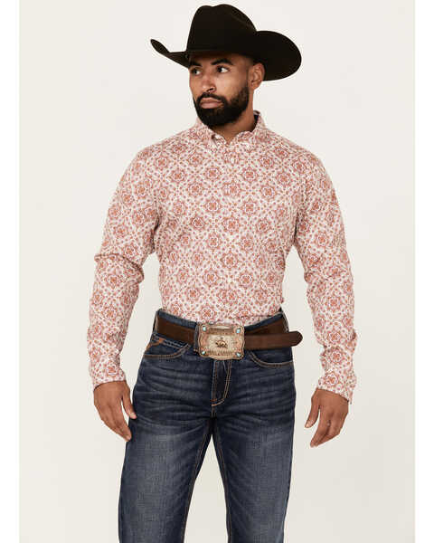 Image #1 - Cody James Men's Lucky One Medallion Print Long Sleeve Button-Down Stretch Western Shirt , Burgundy, hi-res