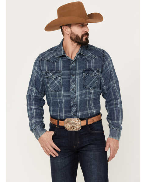 Image #1 - Wrangler Retro Men's Plaid Long Sleeve Western Snap Shirt, Indigo, hi-res