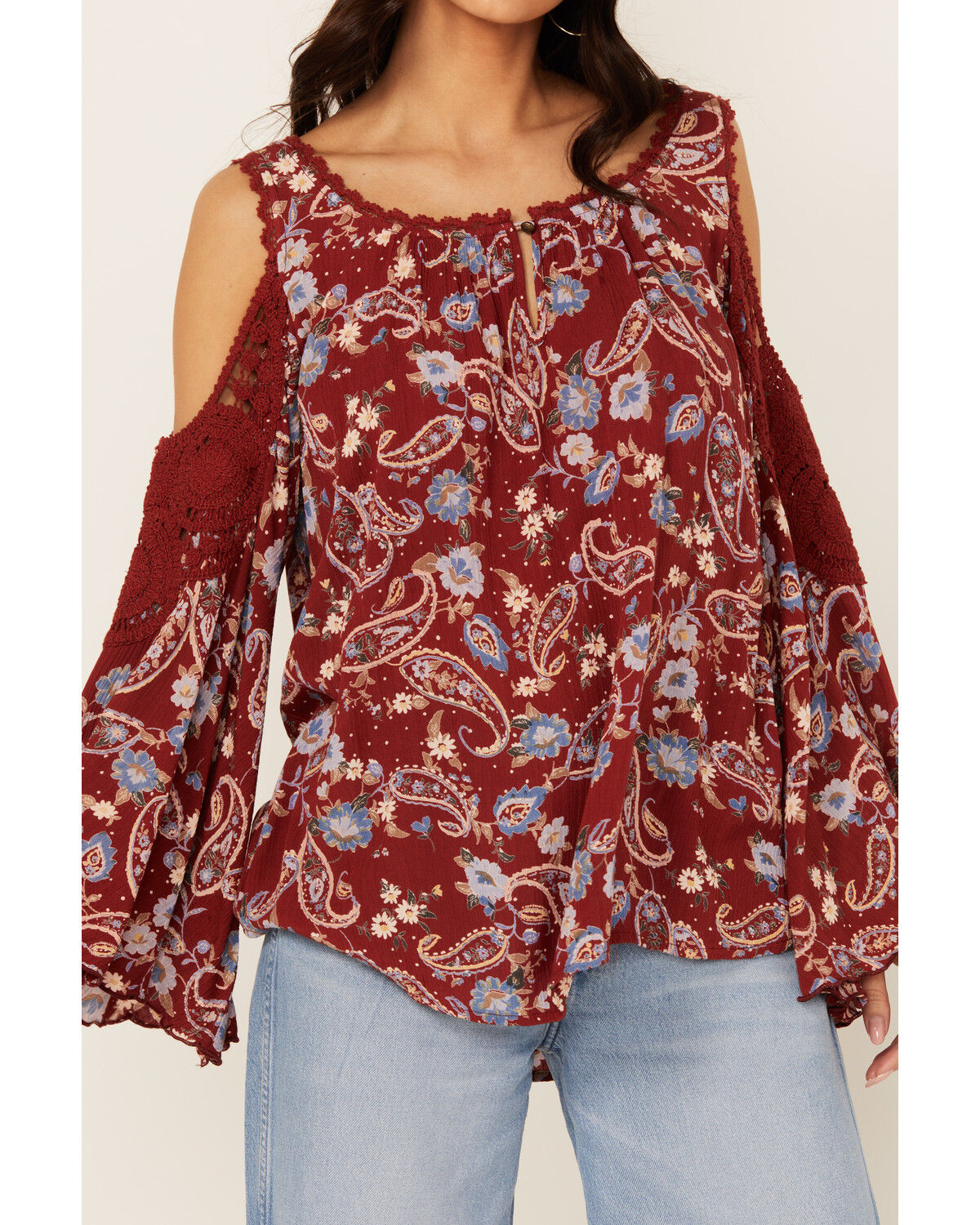 Image #3 - Bila Women's Floral Print Long Sleeve Cold Shoulder Shirt, Brick Red, hi-res
