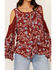 Image #3 - Bila Women's Floral Print Long Sleeve Cold Shoulder Shirt, Brick Red, hi-res