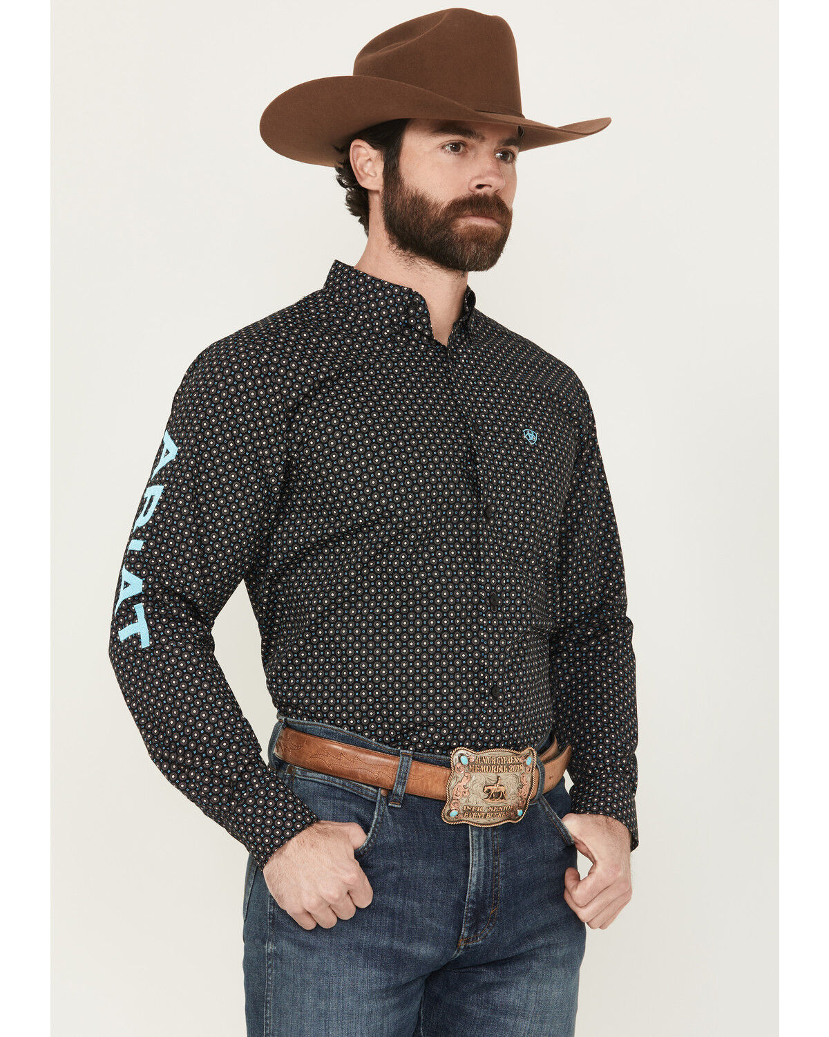 Image #1 - Ariat Men's Team Abel Geo Print Long Sleeve Button-Down Western Shirt, Black, hi-res