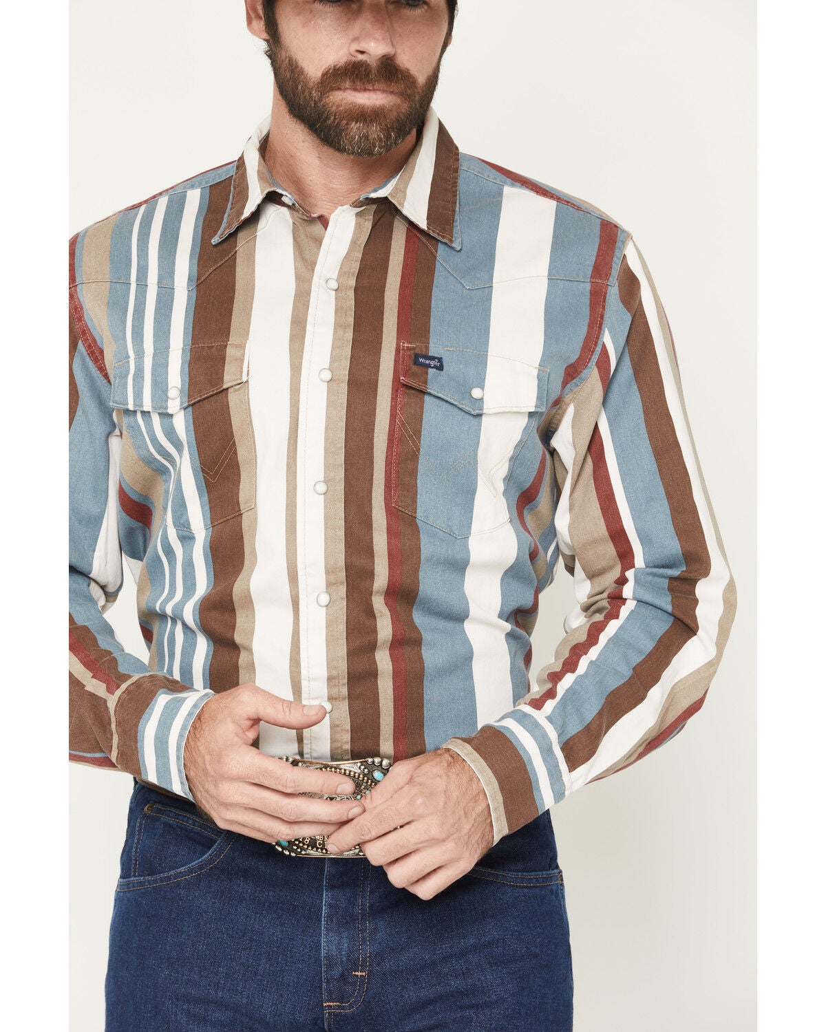 Image #3 - Wrangler Men's Brushpopper Denim Striped Long Sleeve Snap Western Shirt, Multi, hi-res