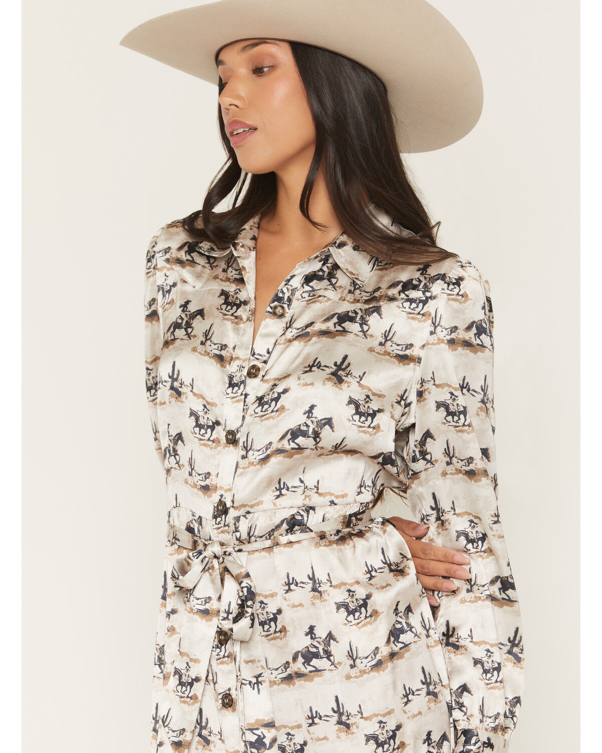 Image #2 - Panhandle Slim Women's Cowboy Rider Satin Long Sleeve Button-Down Maxi Skirt, Tan, hi-res