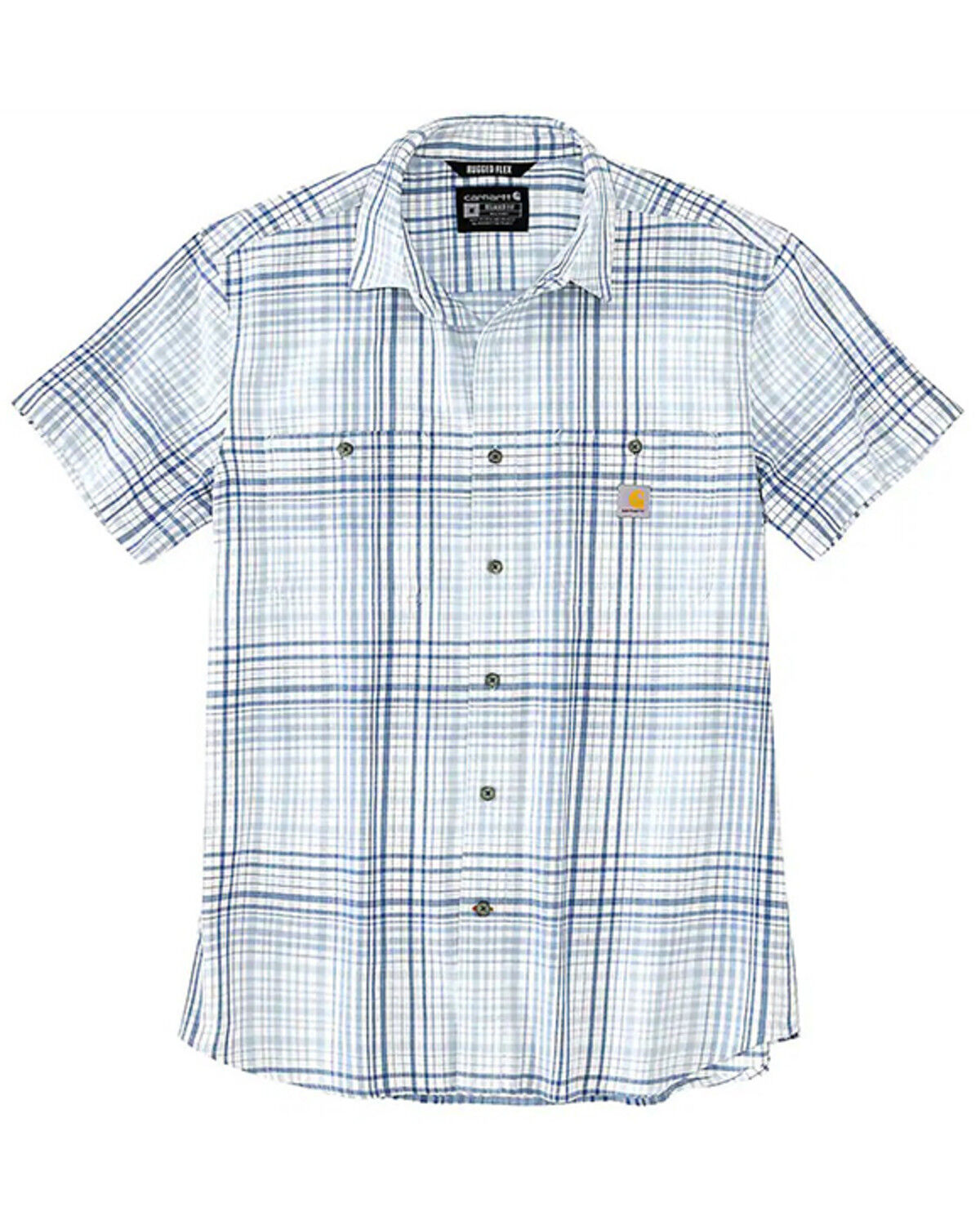 Image #1 - Carhartt Men's Rugged Flex® Relaxed Fit Lightweight Plaid Print Short Sleeve Button-Down Stretch Work Shirt - Tall, Light Blue, hi-res