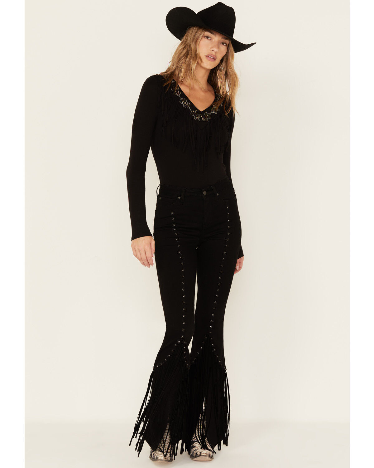 Image #1 - Idyllwind Women's Fringe & Embellished High Risin' Stretch Flare Jeans, Black, hi-res
