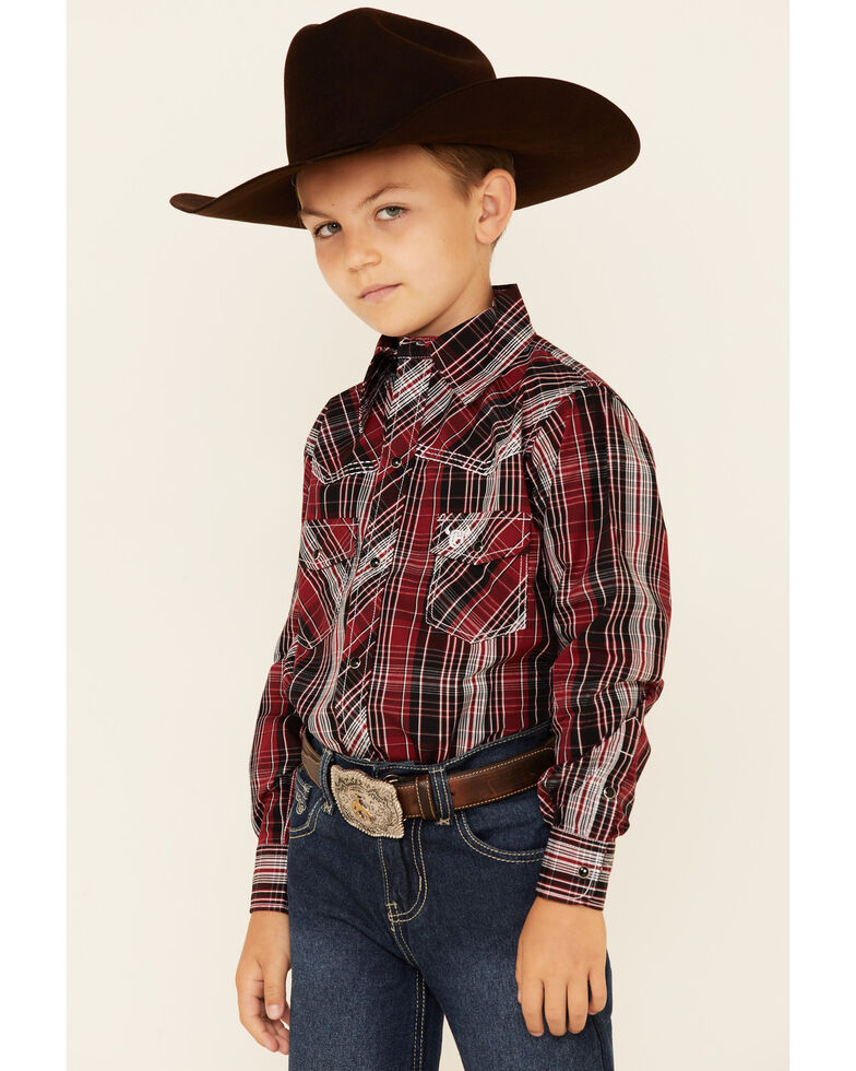 Cowboy Hardware Boys' Red & Black Plaid Long Sleeve Snap Western Shirt , Red, hi-res