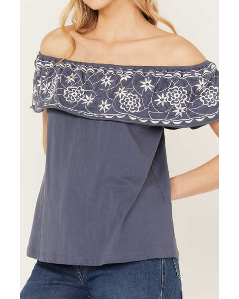Image #3 - Panhandle Women's Off The Shoulder Floral Embroidered Top, Navy, hi-res
