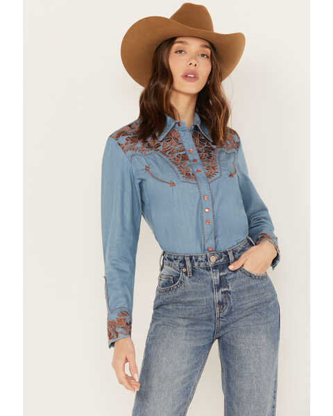 Scully Women's Floral Embroidered Western Shirt, Blue, hi-res