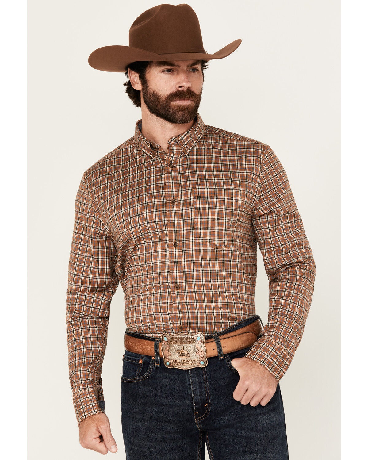 Image #1 - Cody James Men's Adkins Plaid Print Long Sleeve Button-Down Stretch Western Shirt - Big, Tan, hi-res