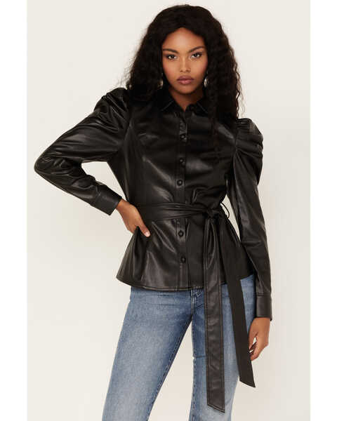 Image #1 - Flying Tomato Women's Faux Leather Puff Sleeve Shirt, Black, hi-res