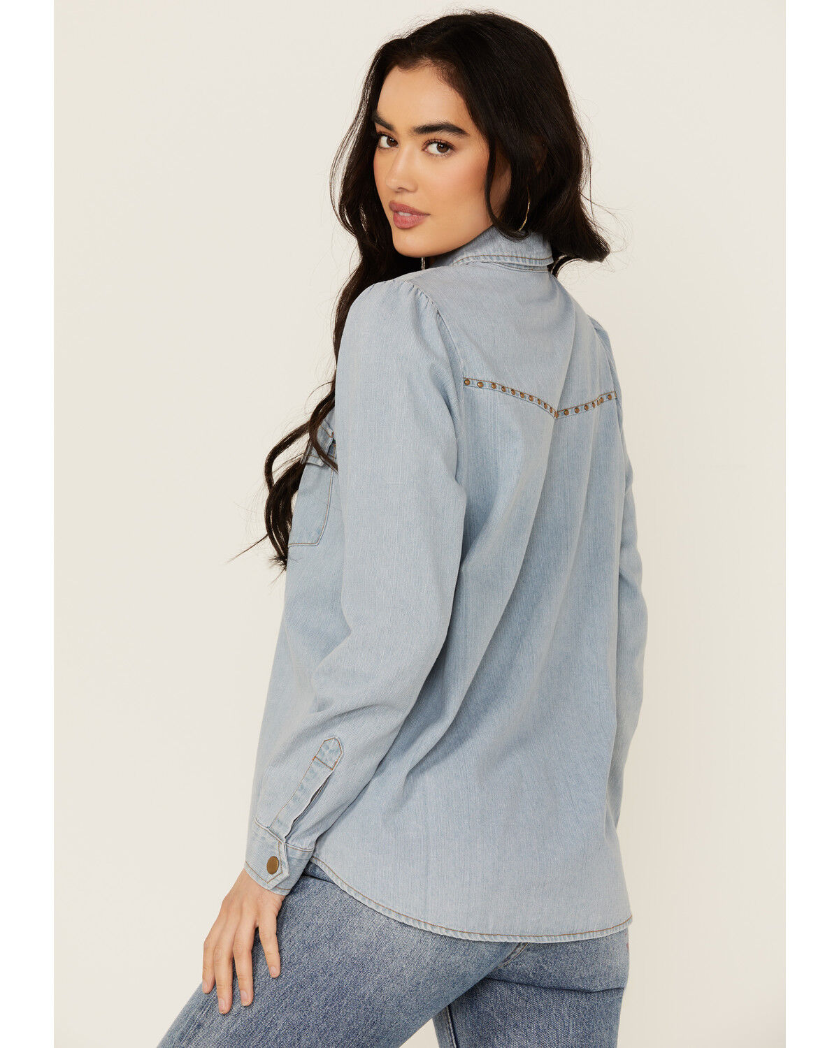 Image #4 - Blue B Women's Light Wash Studded Keyhole Long Sleeve Snap Denim Shirt, Blue, hi-res