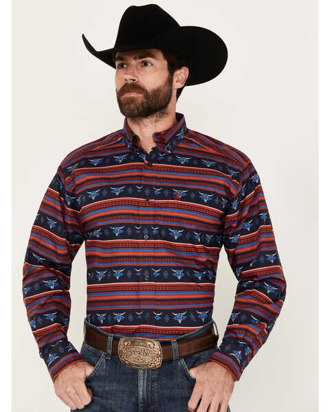 Ariat Men's Pike Southwestern Striped Print Long Sleeve Button-Down Shirt, Dark Blue, hi-res