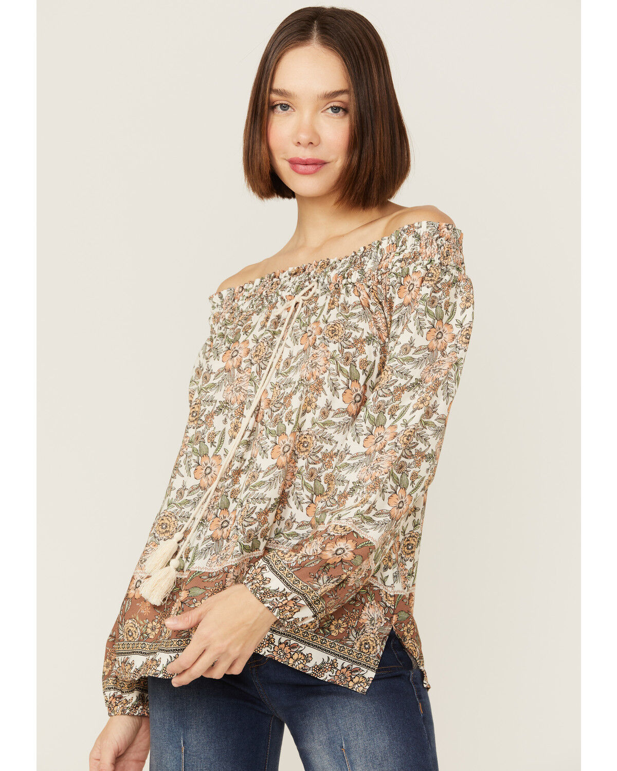 Image #1 - Wild Moss Women's Cream Floral Border Print Off Shoulder Woven Top, Cream, hi-res