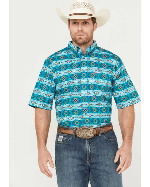 Ariat Men's Konner Classic Fit Button Down Short Sleeve Button Down Western Shirt, Turquoise, hi-res