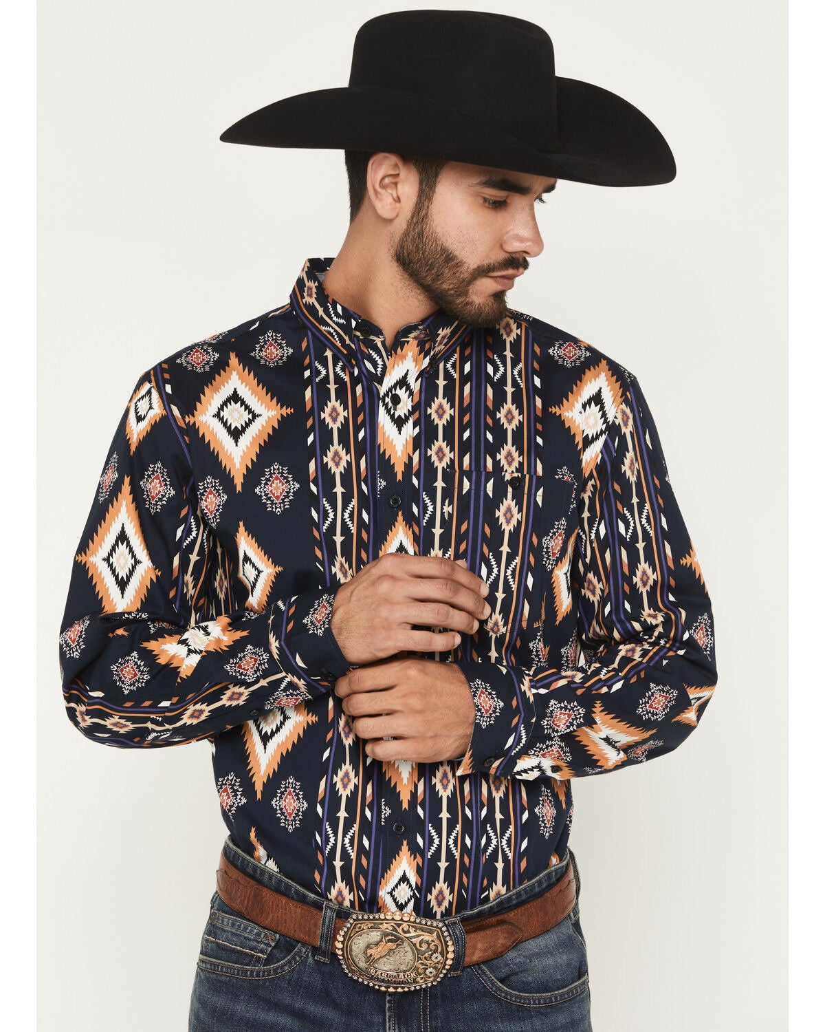 Image #1 - RANK 45&reg; Men's Ocean Tide Trail Southwestern Striped Long Sleeve Button-Down Stretch Western Shirt, Navy, hi-res