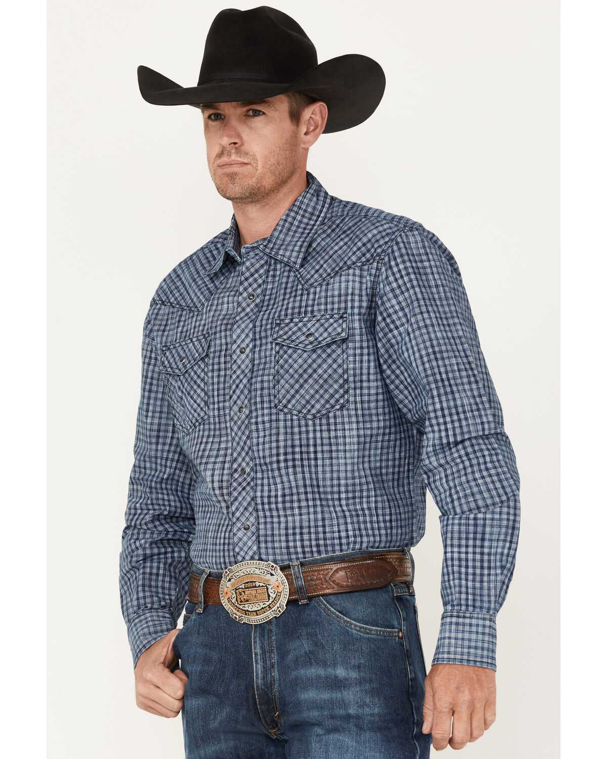Image #2 - Wrangler Retro Premium Men's Check Plaid Print Long Sleeve Snap Western Shirt, Navy, hi-res