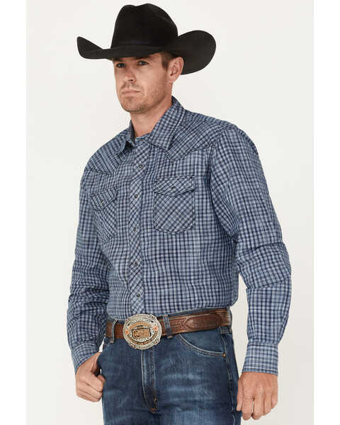 Wrangler Retro Premium Men's Check Plaid Print Long Sleeve Snap Western Shirt , Navy, hi-res