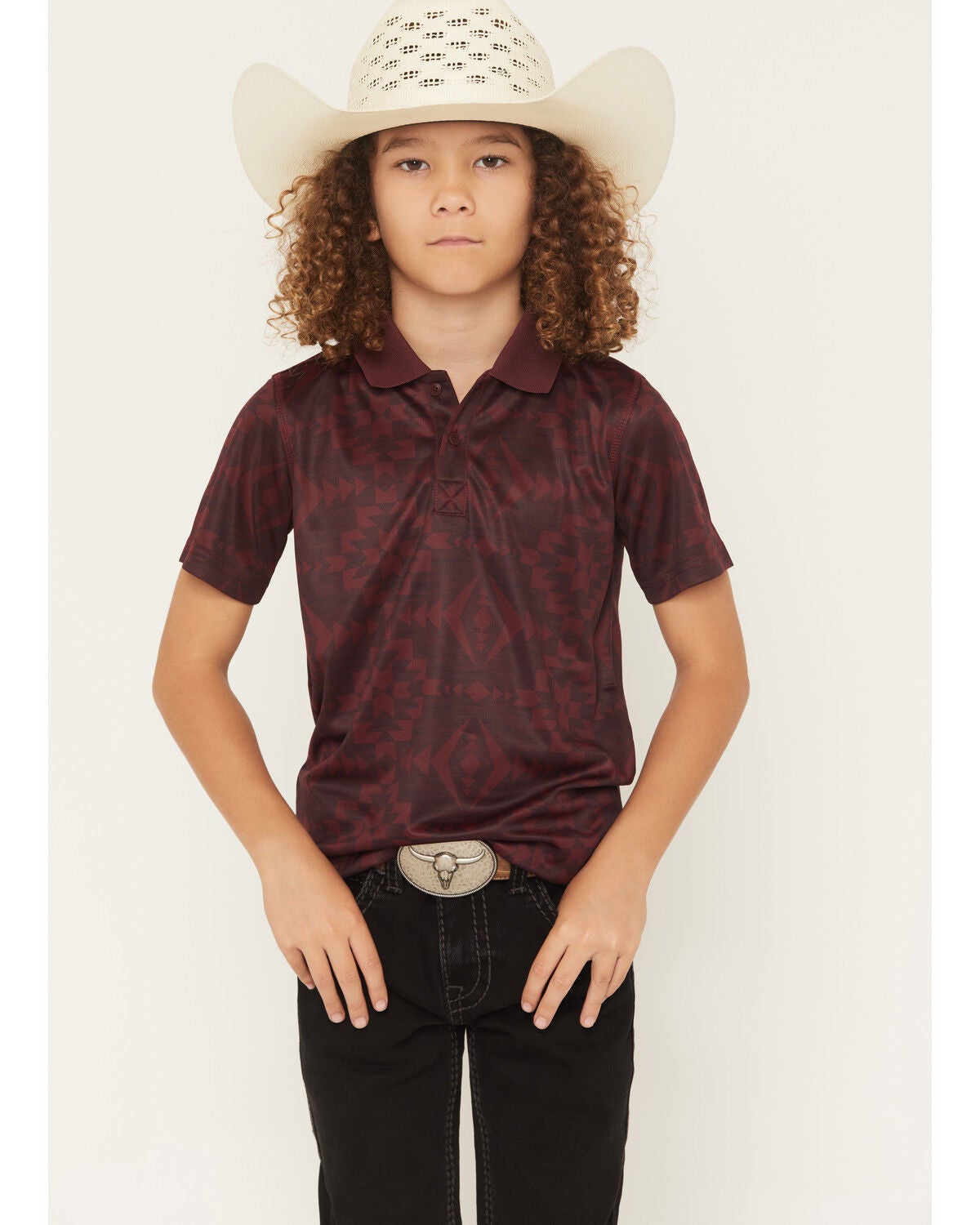 Image #1 - RANK 45&reg; Boys' Tonal Southwestern Print Short Sleeve Button-Down Polo, Burgundy, hi-res