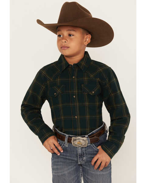 Cody James Boys' Plaid Print Long Sleeve Snap Western Flannel Shirt, Olive, hi-res