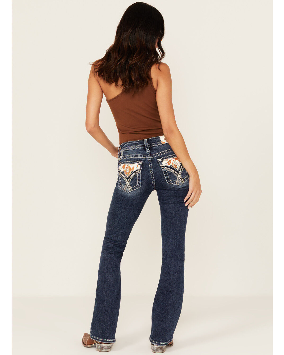 Image #1 - Miss Me Women's Medium Wash Mid Rise Cowhide Pocket 32" Bootcut Stretch Denim Jeans, Medium Wash, hi-res