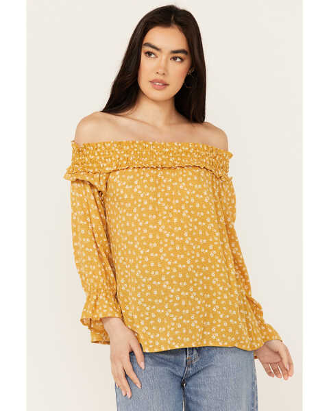Image #1 - Wild Moss Women's Ditzy Floral Print Long Sleeve Off The Shoulder Shirt , Mustard, hi-res