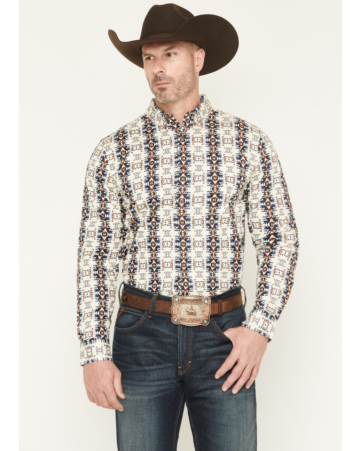 Image #1 - Cody James Men's Wild Prairie Southwestern Print Long Sleeve Button-Down Stretch Western Shirt - Tall, Tan, hi-res
