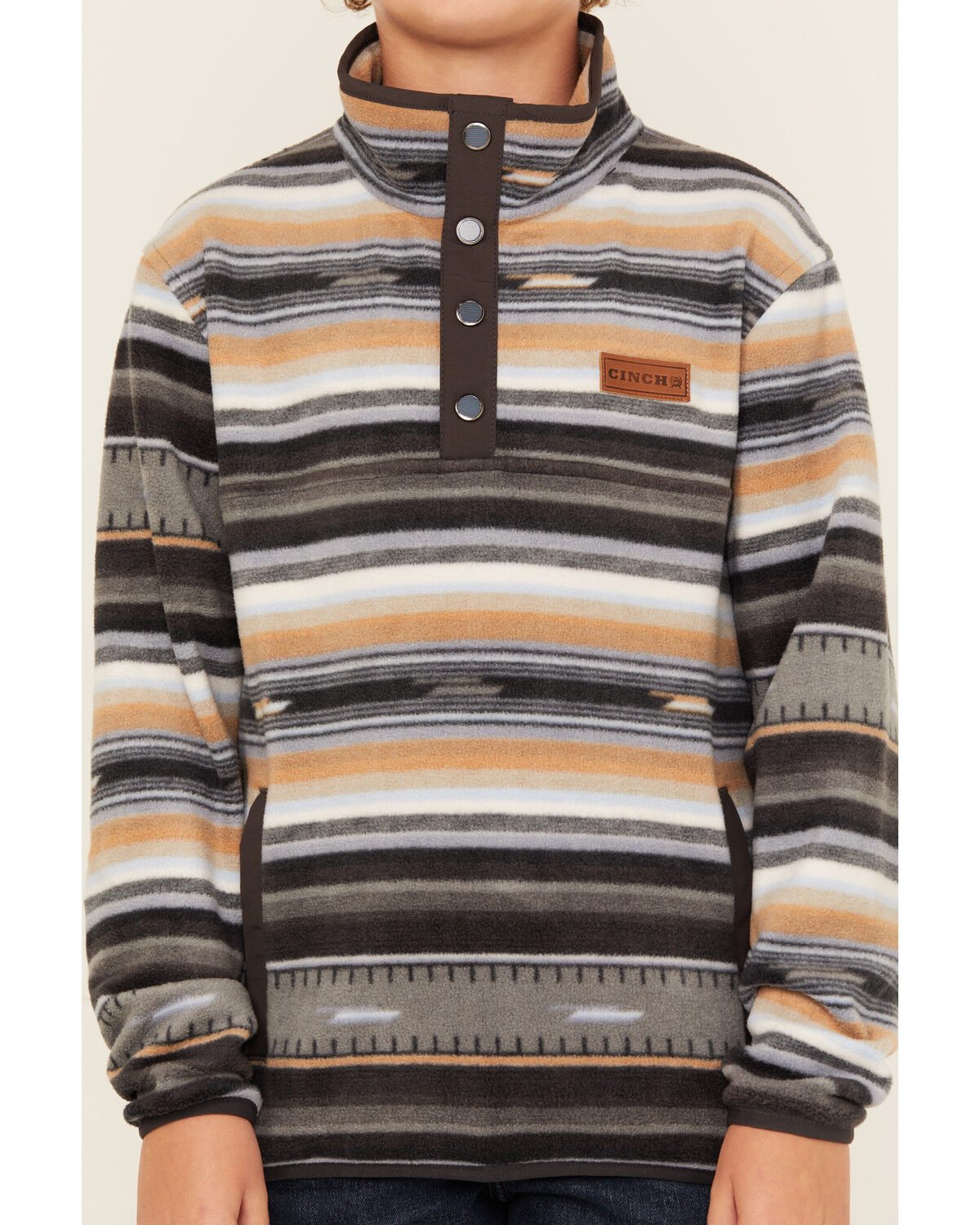 Image #3 - Cinch Boys' Striped Polar Fleece Pullover, Black, hi-res