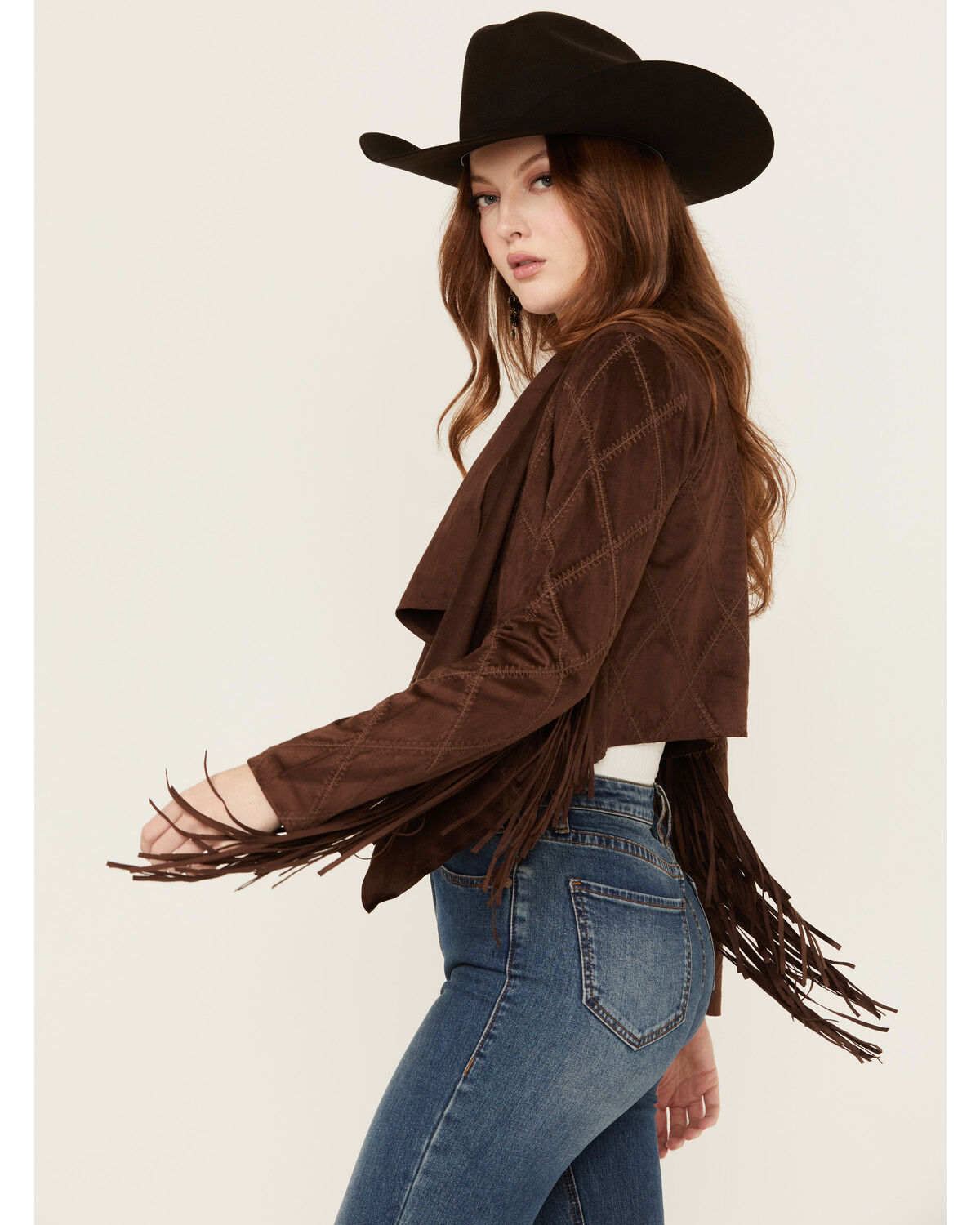 Image #2 - Shyanne Women's Open Front Faux Suede Fringe Jacket, Dark Brown, hi-res