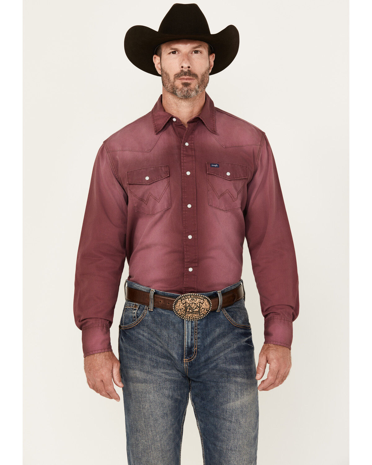 Image #1 - Wrangler Men's Vintage Washed Solid Long Sleeve Snap Western Shirt, Red, hi-res