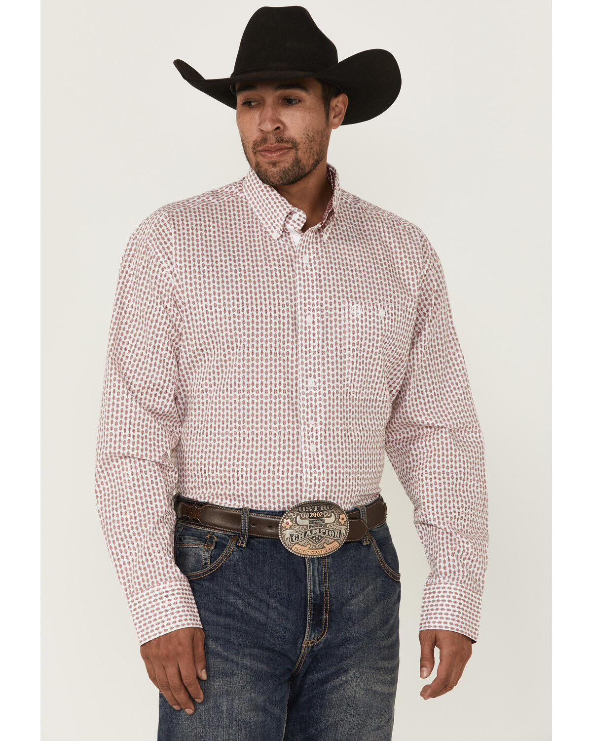 Image #1 - George Strait by Wrangler Men's Geo Print Long Sleeve Button-Down Stretch Western Shirt - Tall, White, hi-res