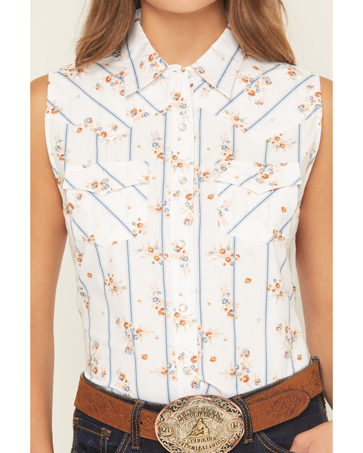 Image #3 - Ely Walker Women's Floral Striped Sleeveless Pearl Snap Western Shirt, White, hi-res