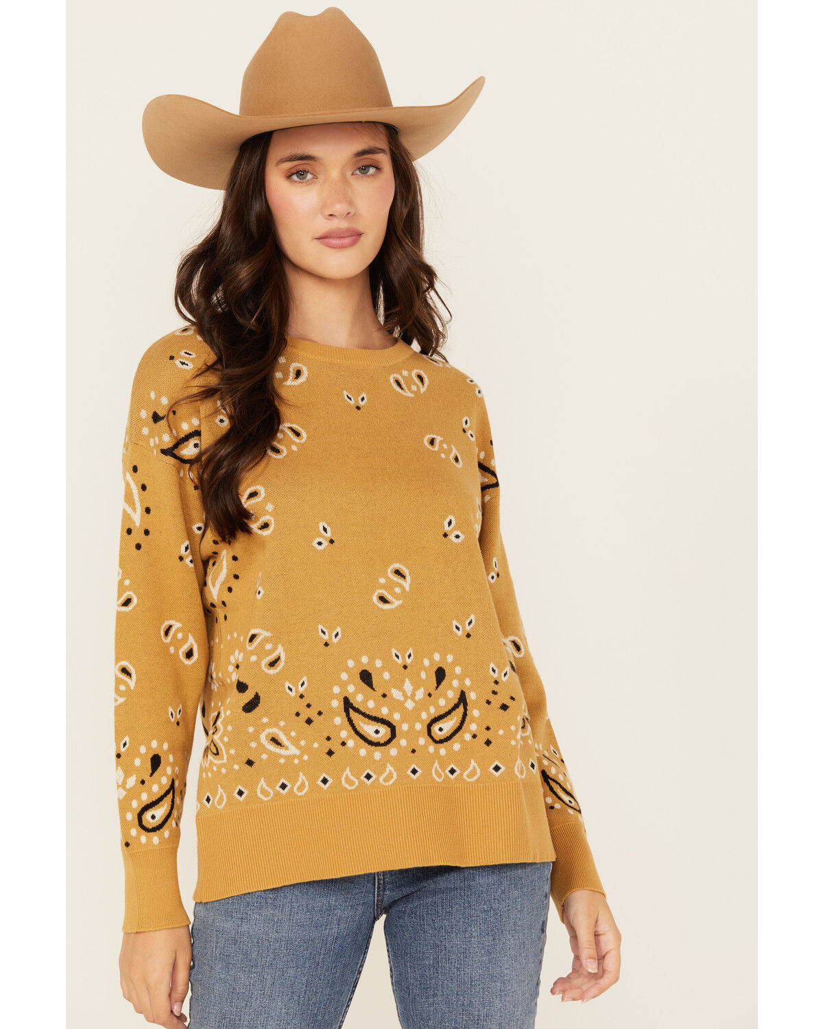 Image #1 - Cotton & Rye Women's Bandana Print Sweater, Gold, hi-res