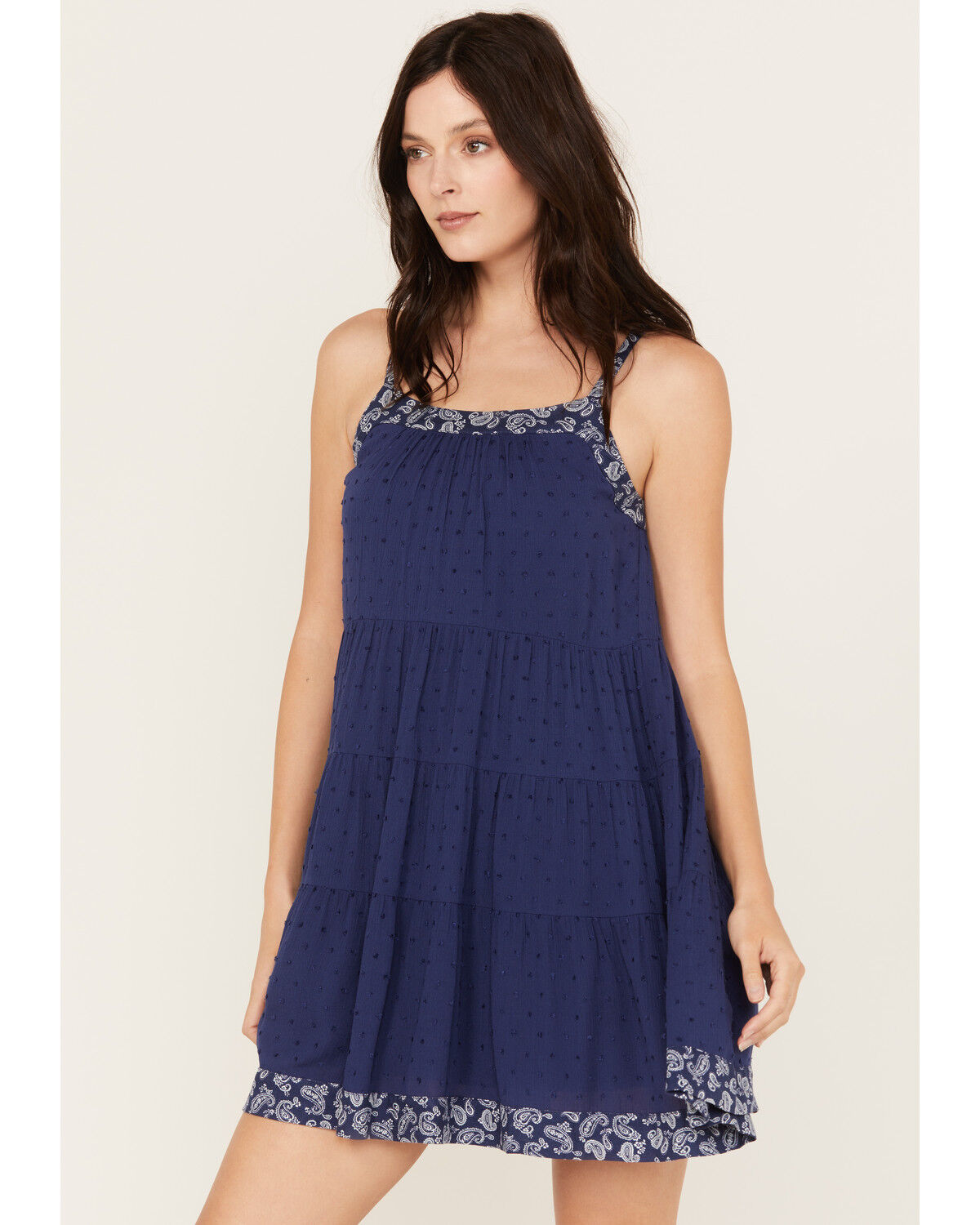 Image #2 - Yura Women's Paisley Border Sleeveless Tiered Mini Dress, Navy, hi-res