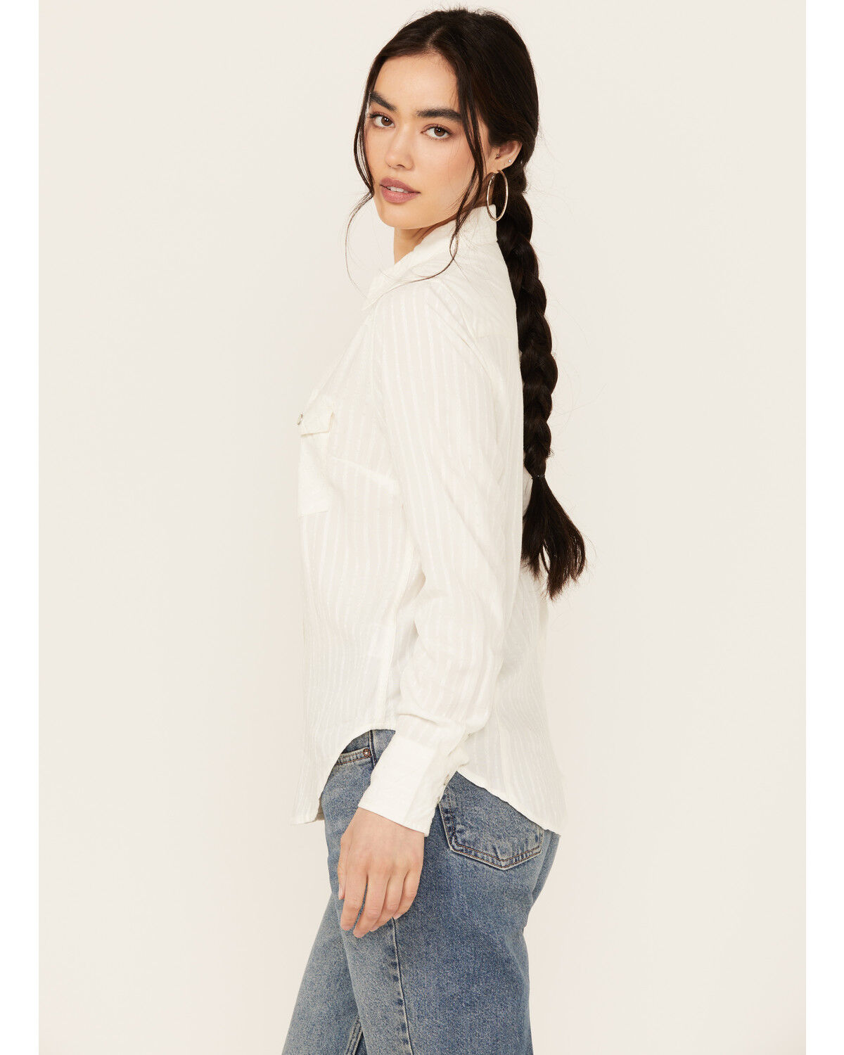 Image #2 - Wrangler Women's Modern Striped Long Sleeve Pearl Snap Western Shirt, Off White, hi-res
