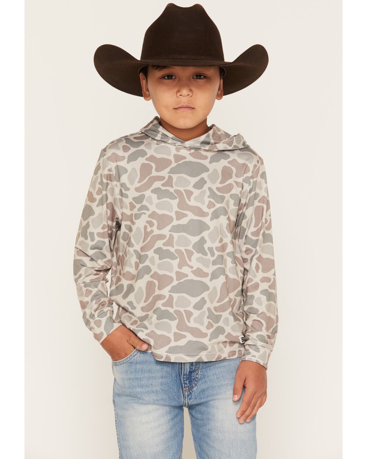 Burlebo Boys' Camo Print Hooded Stretch Performance Shirt, Camouflage, hi-res