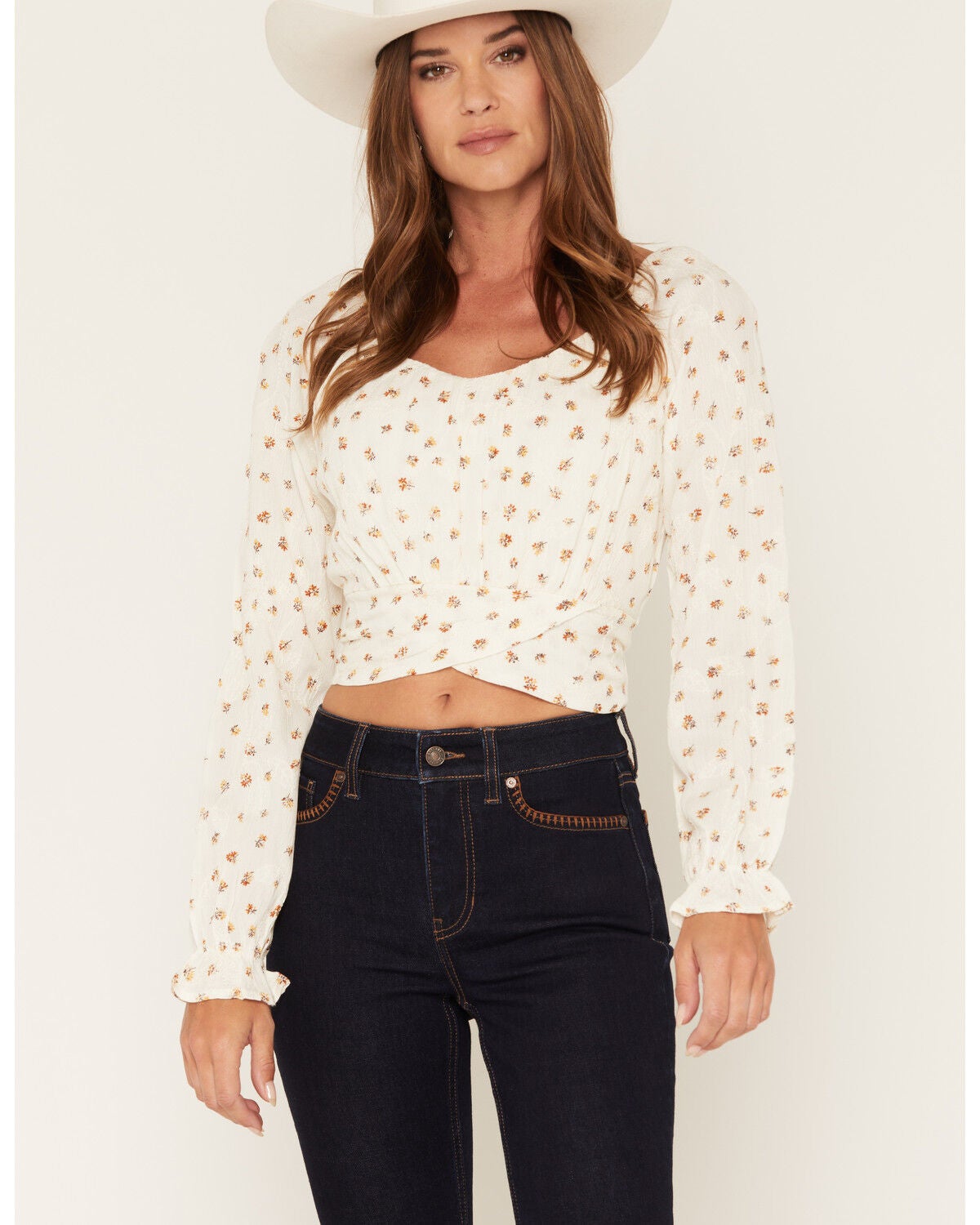 Wild Moss Women's Boot Barn Exclusive Floral Embroidered Tie Back Top, Cream, hi-res