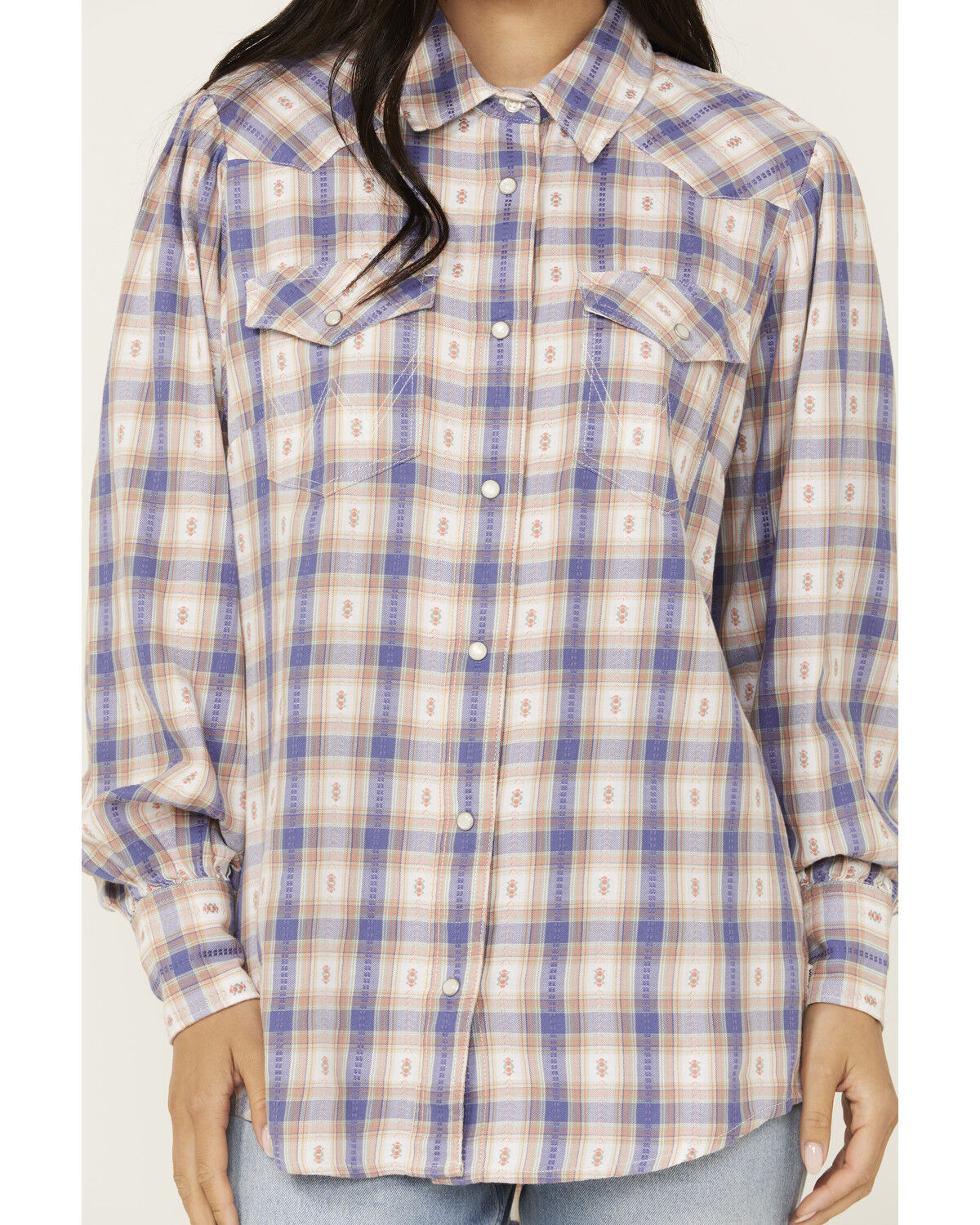 Image #3 - Wrangler Women's Balloon Sleeve Plaid Print Snap Western Shirt, Medium Wash, hi-res