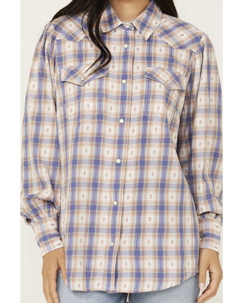 Image #3 - Wrangler Women's Balloon Sleeve Plaid Print Snap Western Shirt , Medium Wash, hi-res